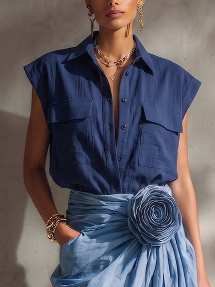 Elegant & Minimalist Polo Collar Cotton-linen Shirt And Skirt Two-piece Set
