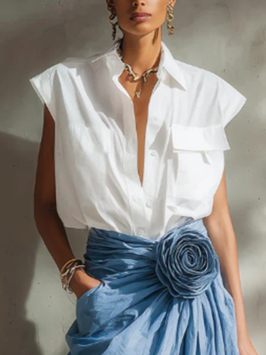 Elegant & Minimalist Polo Collar Cotton-linen Shirt And Skirt Two-piece Set