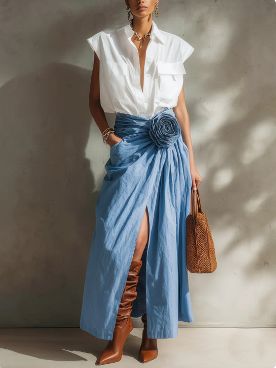Elegant & Minimalist Polo Collar Cotton-linen Shirt And Skirt Two-piece Set