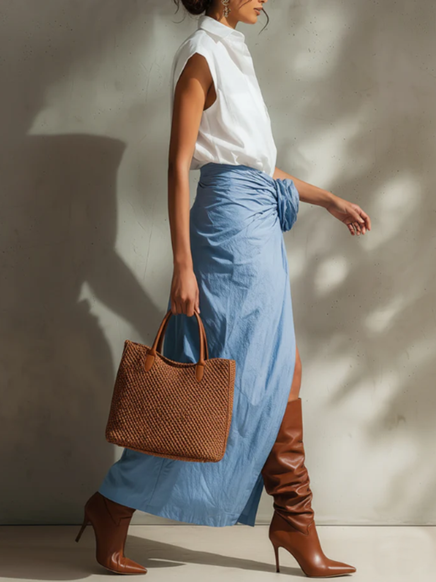 Elegant & Minimalist Polo Collar Cotton-linen Shirt And Skirt Two-piece Set