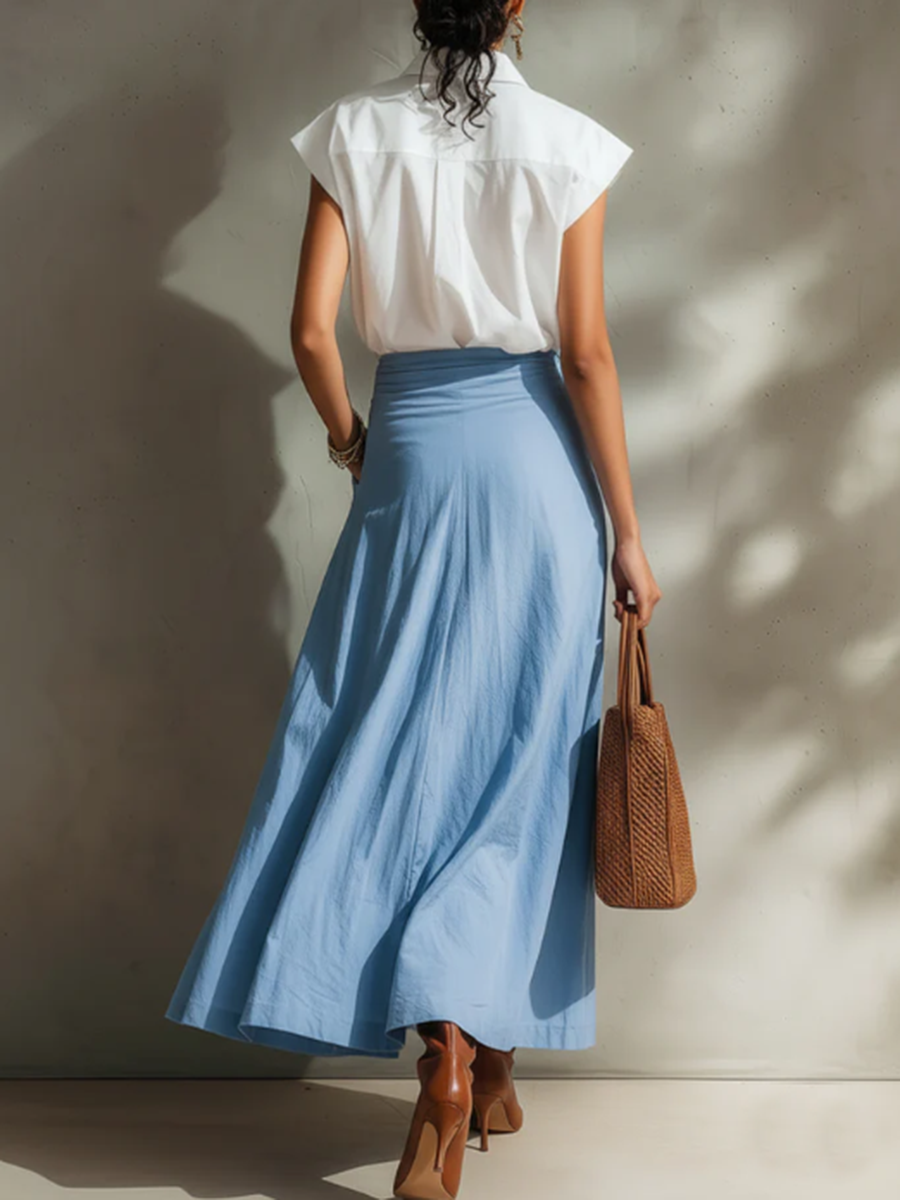 Elegant & Minimalist Polo Collar Cotton-linen Shirt And Skirt Two-piece Set