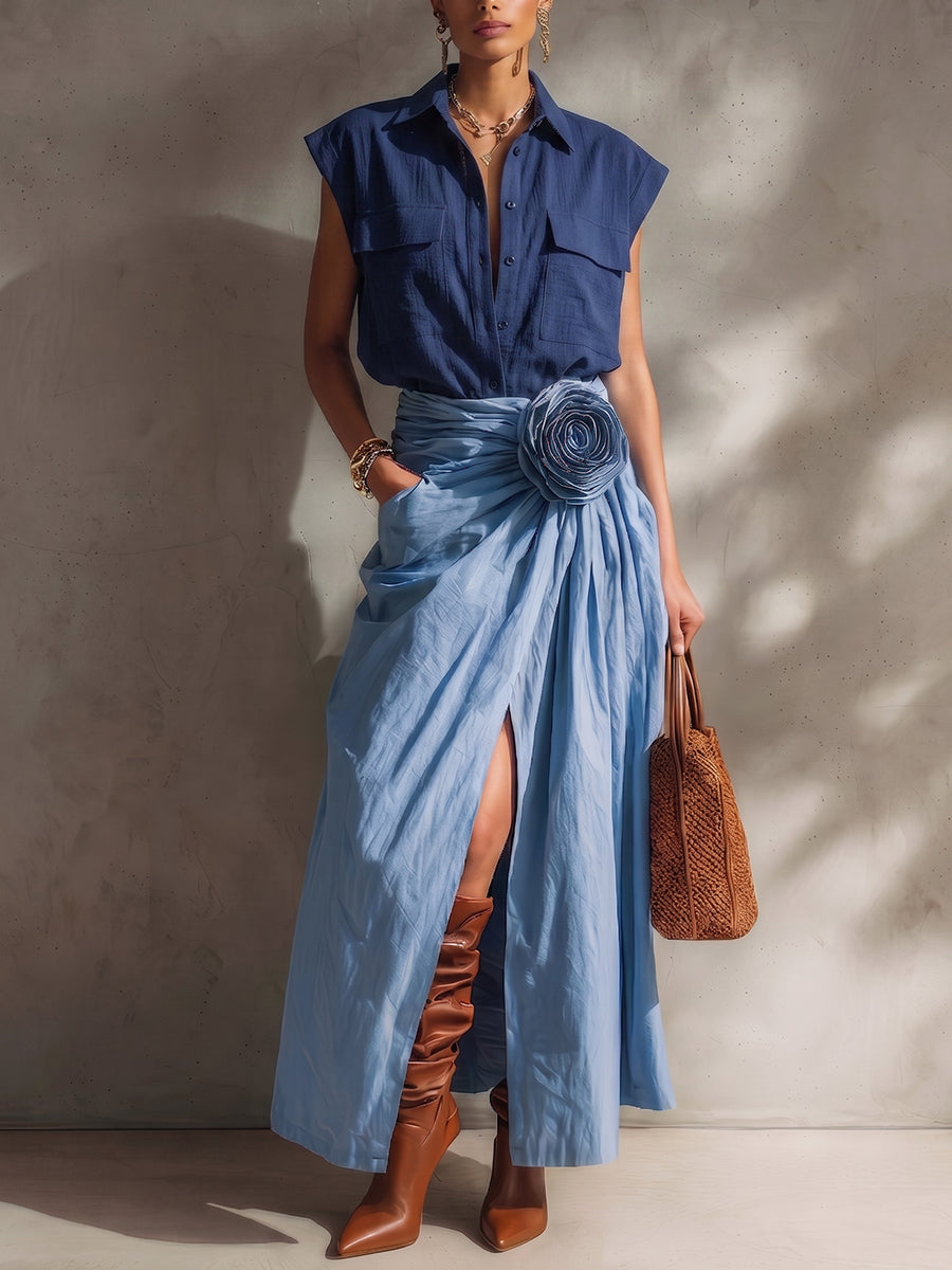 Elegant & Minimalist Polo Collar Cotton-linen Shirt And Skirt Two-piece Set