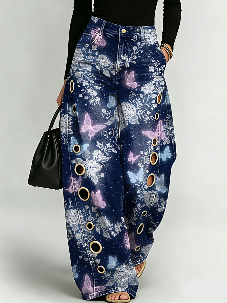 Women's Dreamlike And Mysterious Forest Butterfly Decorative Pattern Cotton Denim Pants