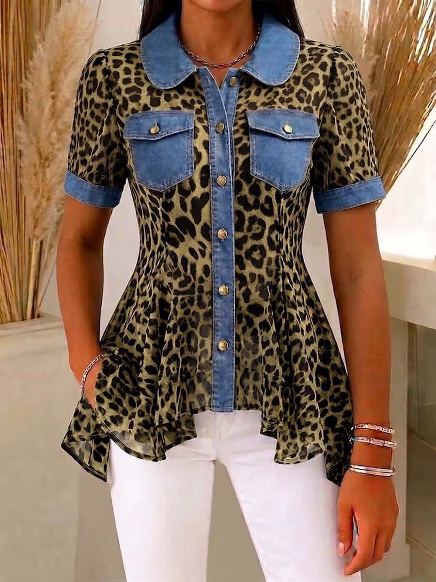 Women's Leopard Print Peter Pan Collar Short-sleeve Casual Loose Denim Cardigan With Chiffon Panels