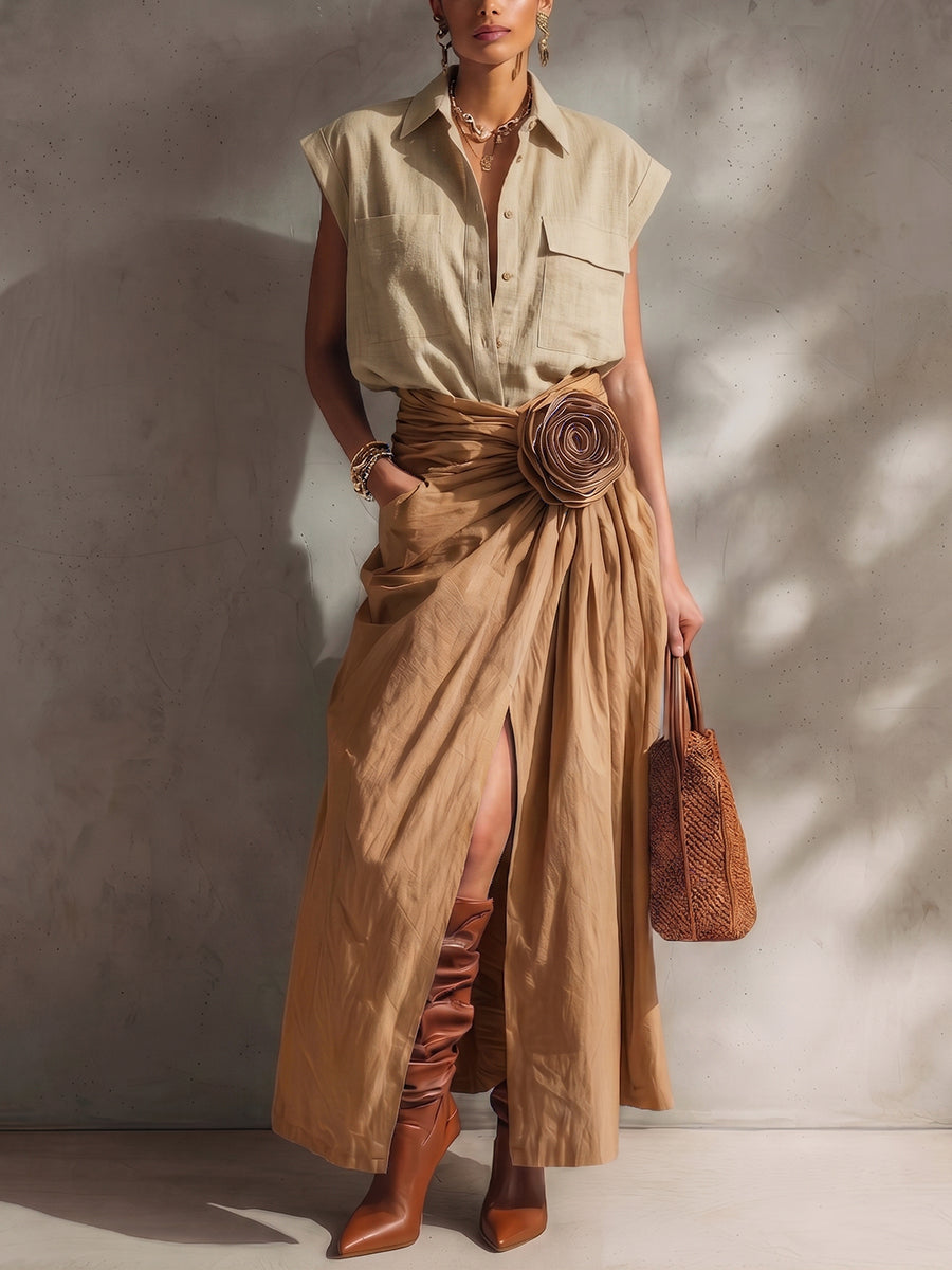 Elegant & Minimalist Polo Collar Cotton-linen Shirt And Skirt Two-piece Set