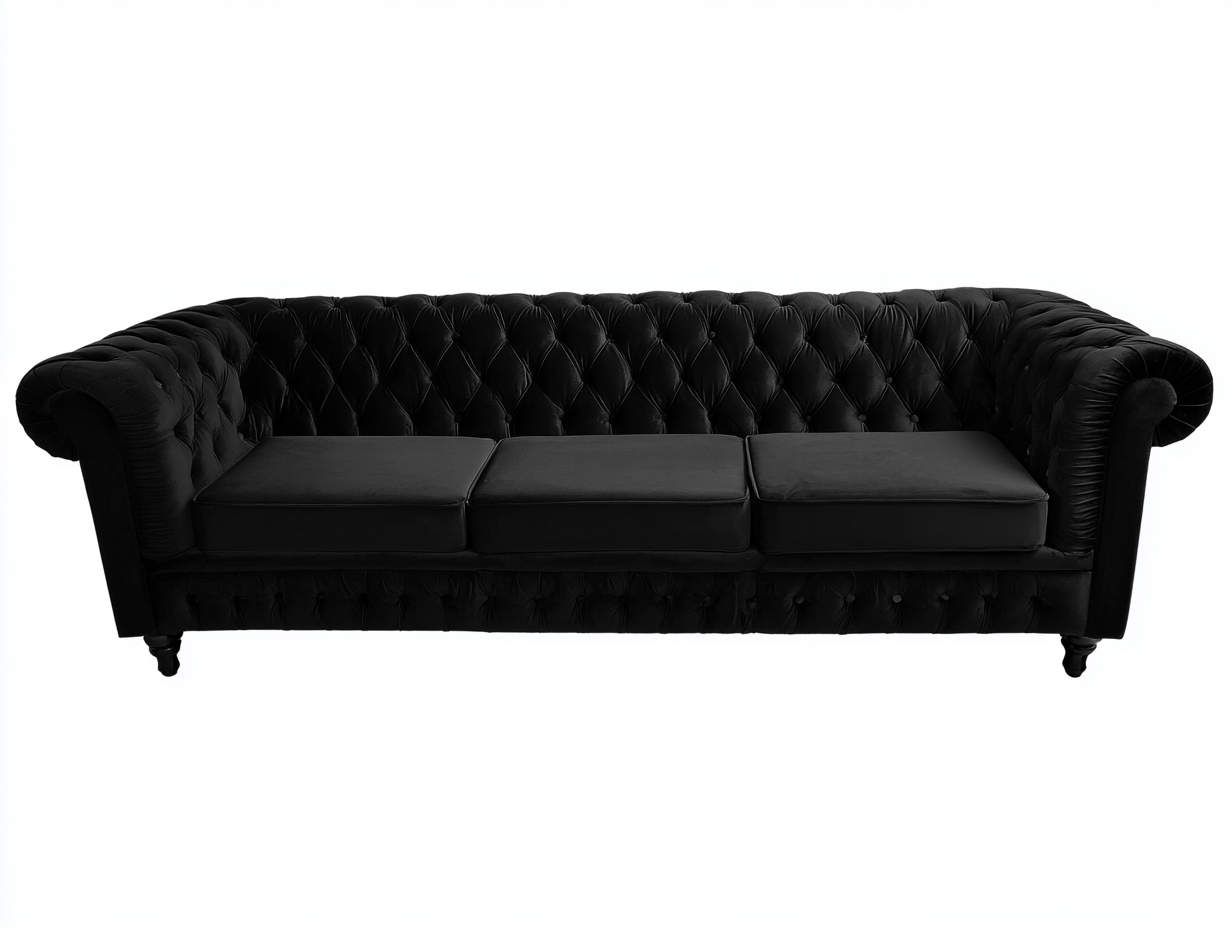 Divano a 3 posti - velluto-legno - 228x92x78 cm - nero - stile classico- Placidilo