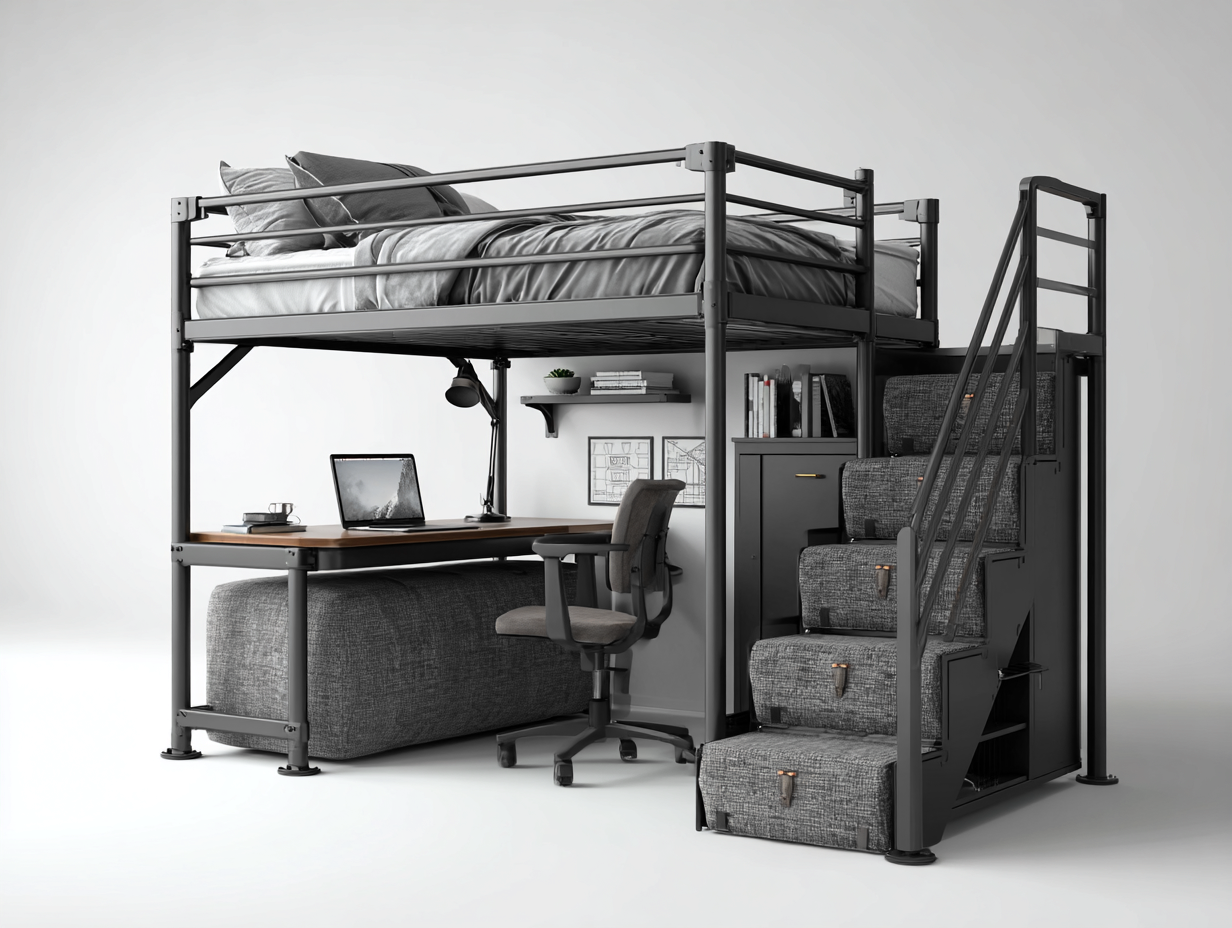 Letti a castello - metallo-legno-tessuto - 212x150x194 cm - nero-grigio - stile industriale-Warmthvo