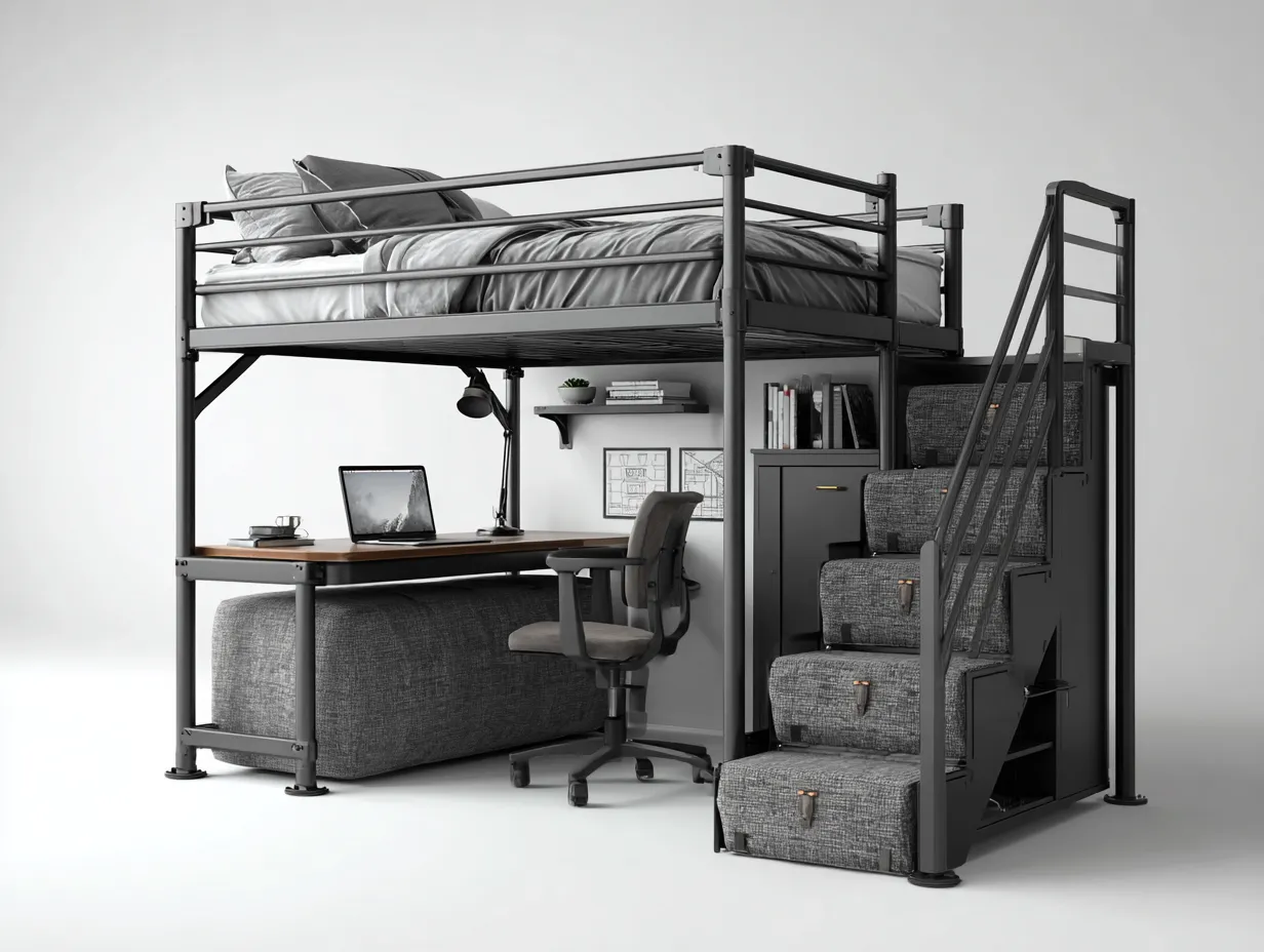 Letti a castello - metallo-legno-tessuto - 212x150x194 cm - nero-grigio - stile industriale-Warmthvo