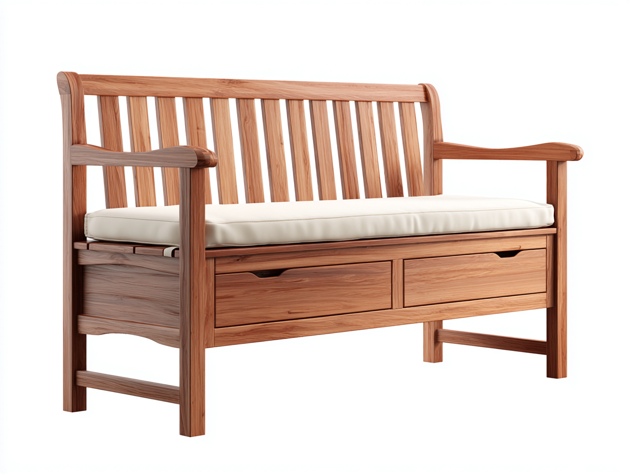 Panca da giardino in legno con seduta imbottita e cassetti 120x45x85 cm - marrone-bianco - design funzionale e naturale-Warmthvo