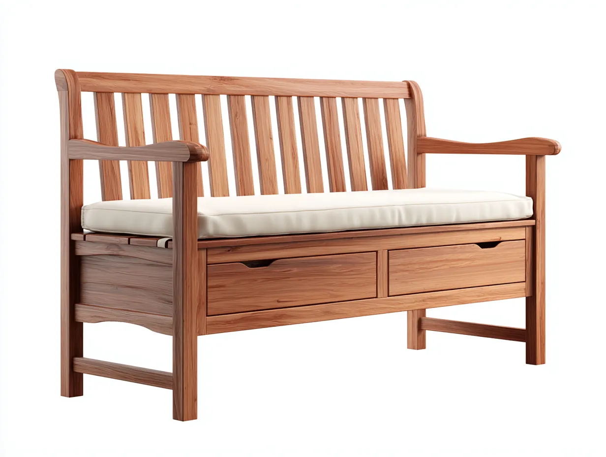 Panca da giardino in legno con seduta imbottita e cassetti 120x45x85 cm - marrone-bianco - design funzionale e naturale-Warmthvo