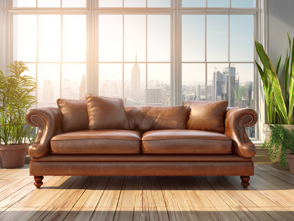 Divano a 3 posti - pelle-legno - 214x94x82 cm - marrone - stile classico-Warmthvo