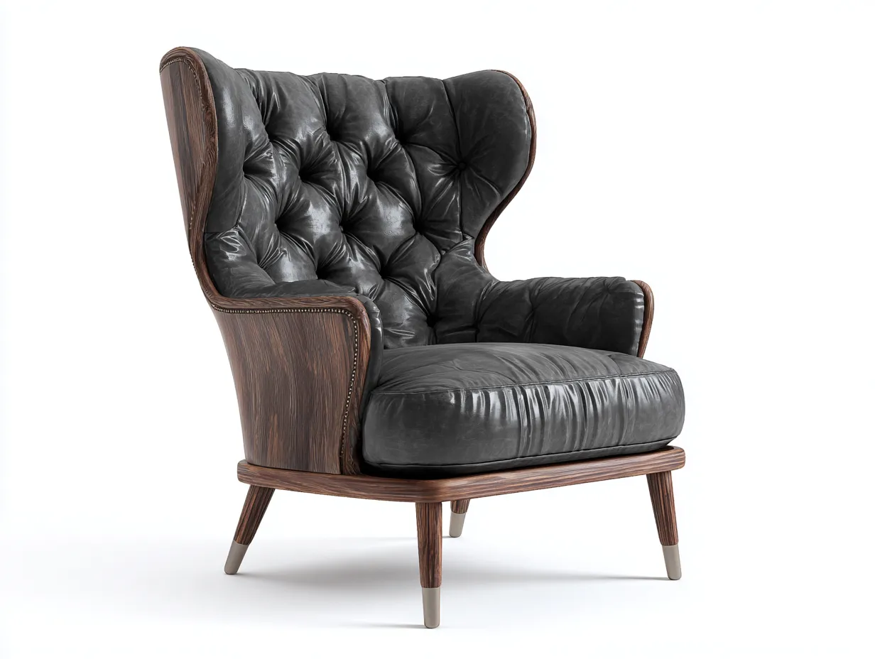 Poltrona a orecchioni-pelle-legno-82x86x108 cm-nero/marrone-stile classico-Snugvo