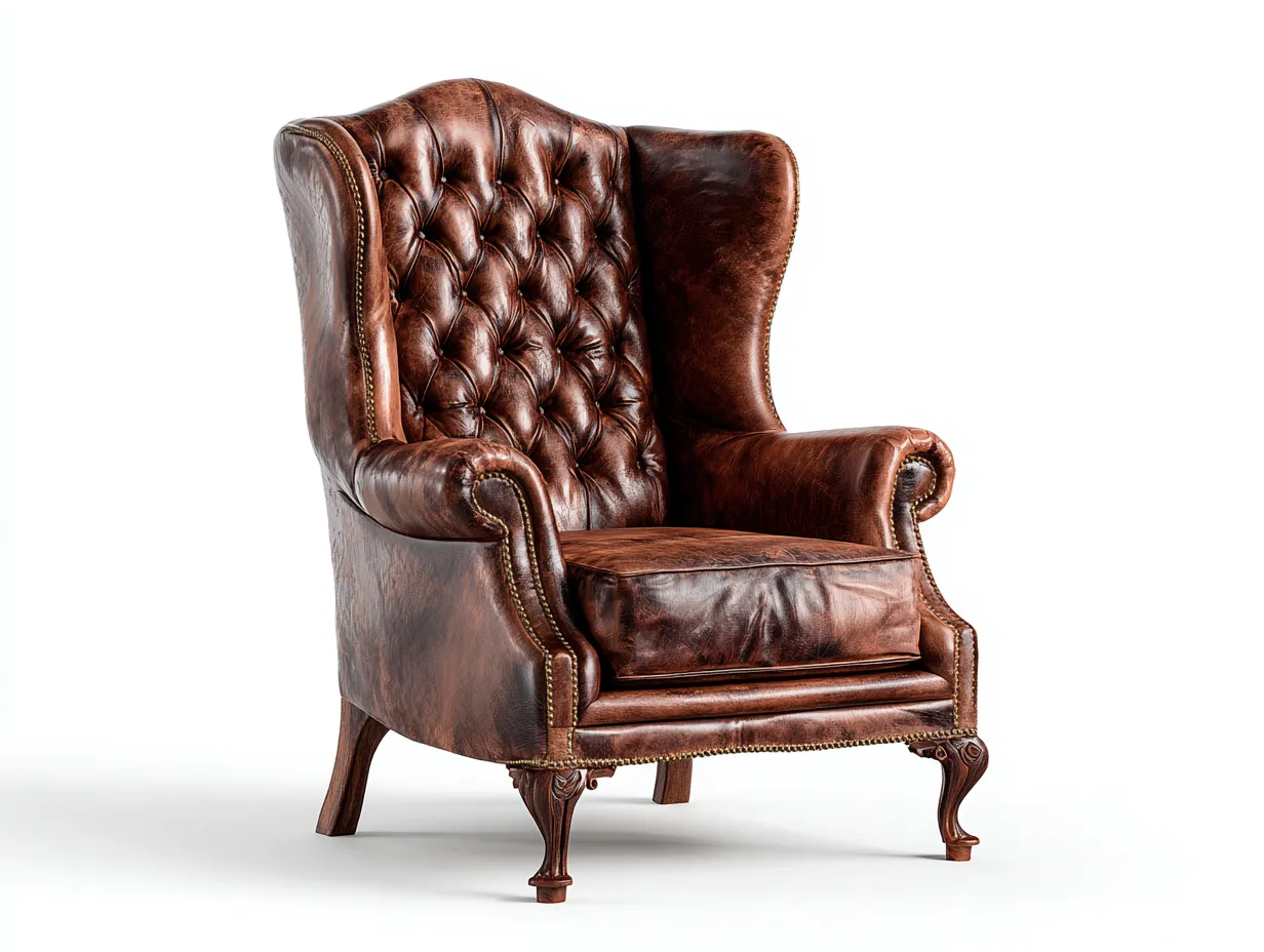 Poltrona a orecchioni-pelle-legno-84x88x110 cm-marrone-stile classico-Snugvo