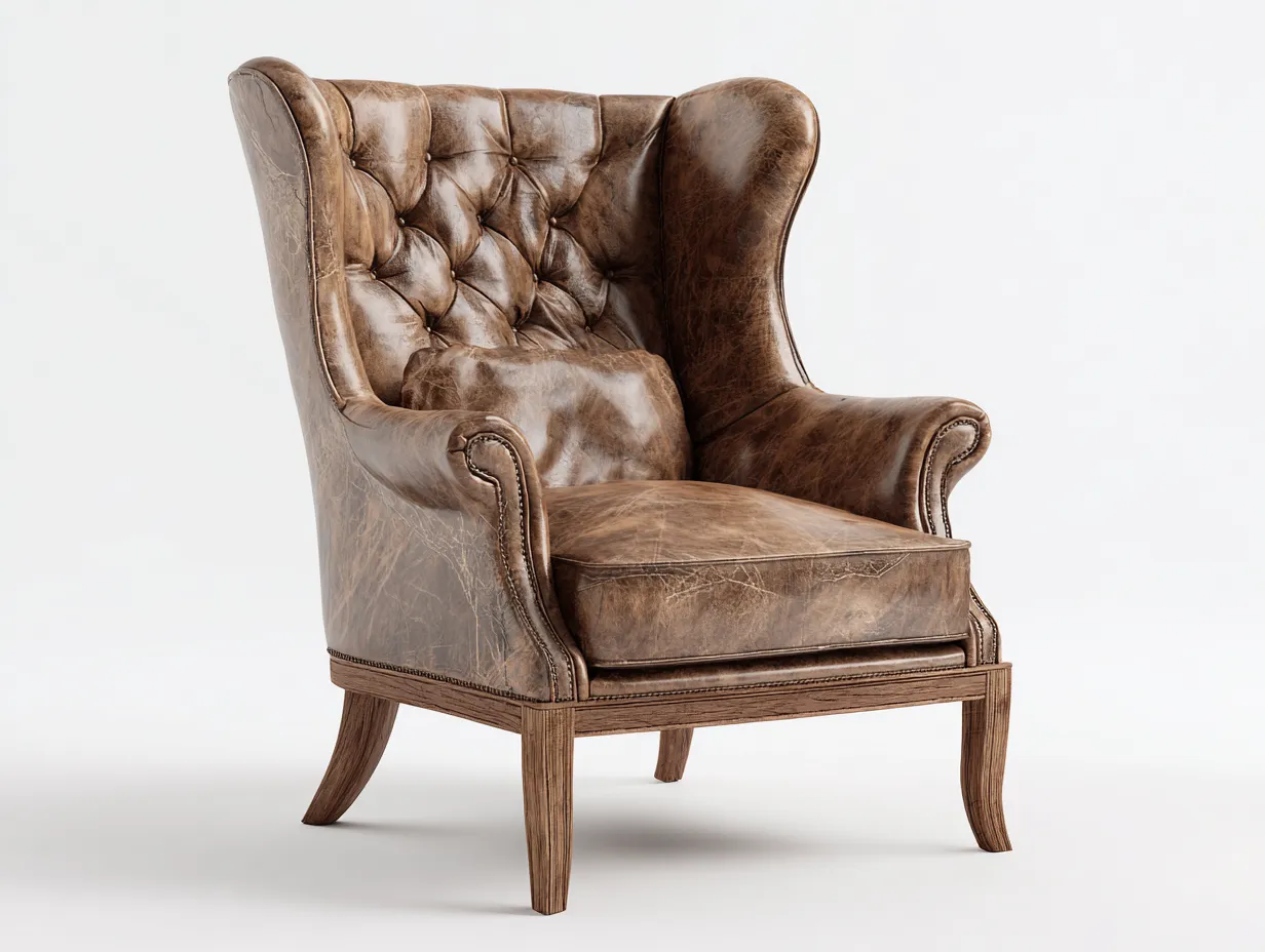 Poltrona a orecchioni-pelle-legno-82x86x108 cm-marrone-stile classico-Snugvo