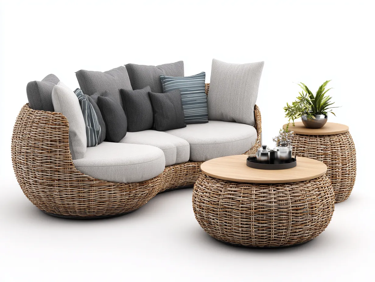 Divani da esterno-rattan-legno-tessuto-180x90x80 cm-naturale/grigio-moderno-Snugvo