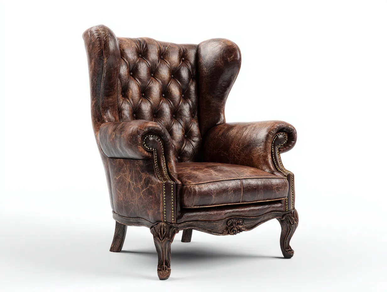 Poltrona a orecchioni-pelle-legno-81x85x107 cm-marrone antico-stile classico-Snugvo