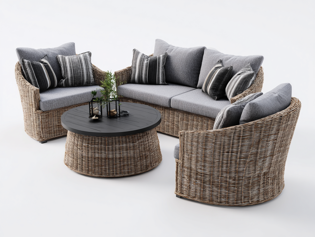 Divani da esterno-rattan-metallo-tessuto-190x85x78 cm-naturale/grigio-moderno-Snugvo