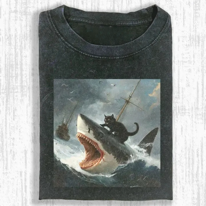 FAT CAT VS SHARK T-SHIRT-ComicClothe