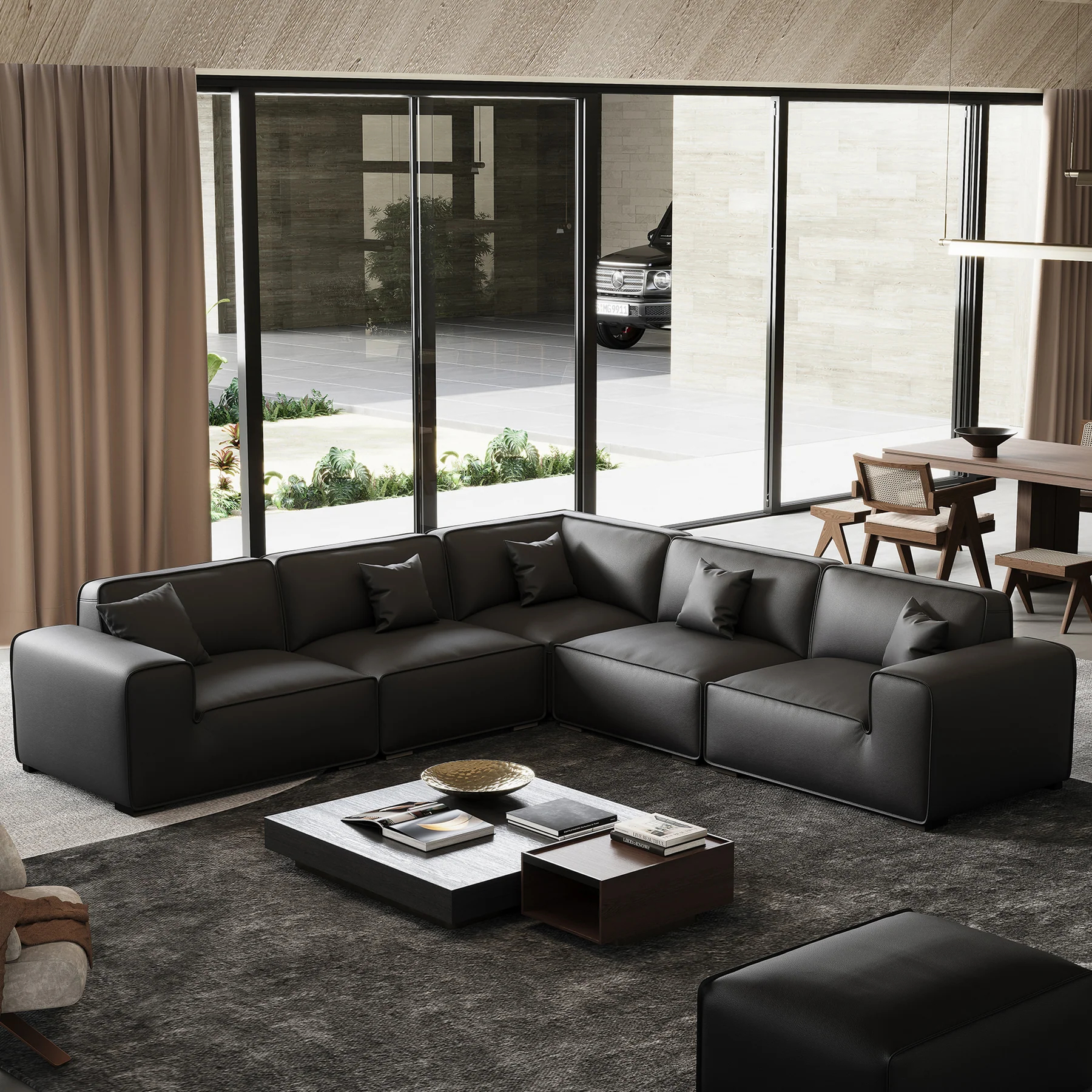 Domus Modular Black Leather L-Shaped Sectional