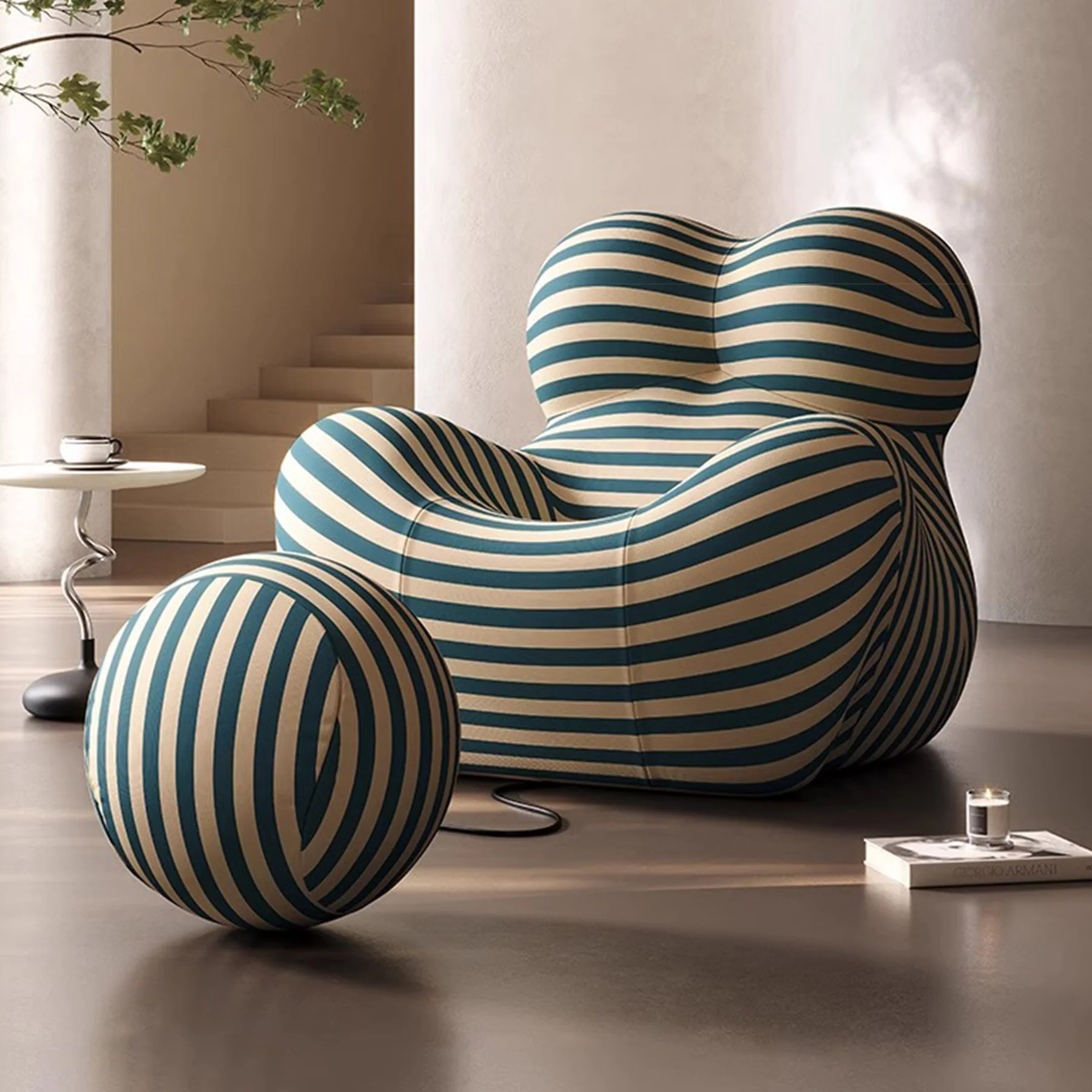 Stripe La Mamma UP Armchair and Ottoman Dark Blue