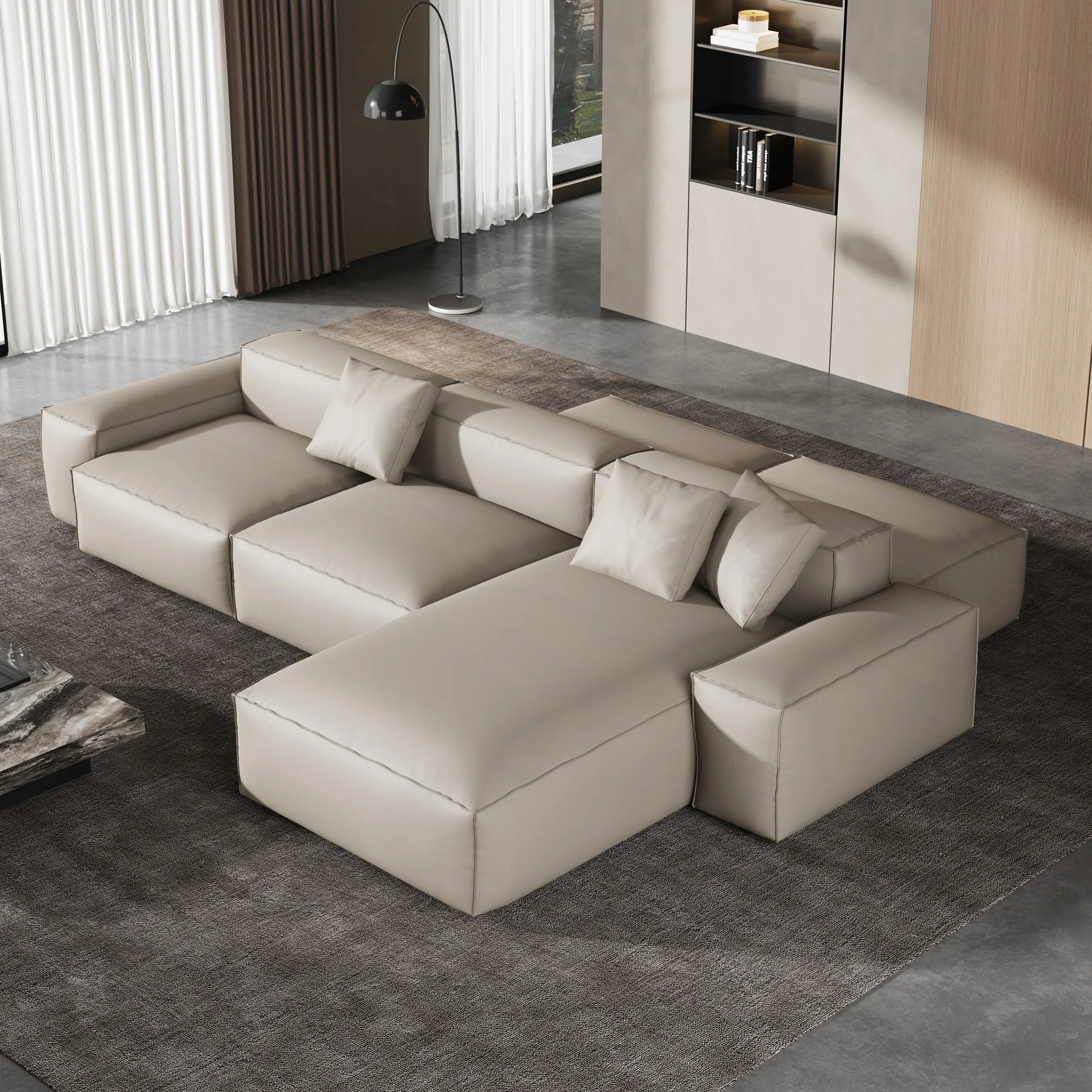 Cube Modular Beige Genuine Leather Double-Sided Sectional
