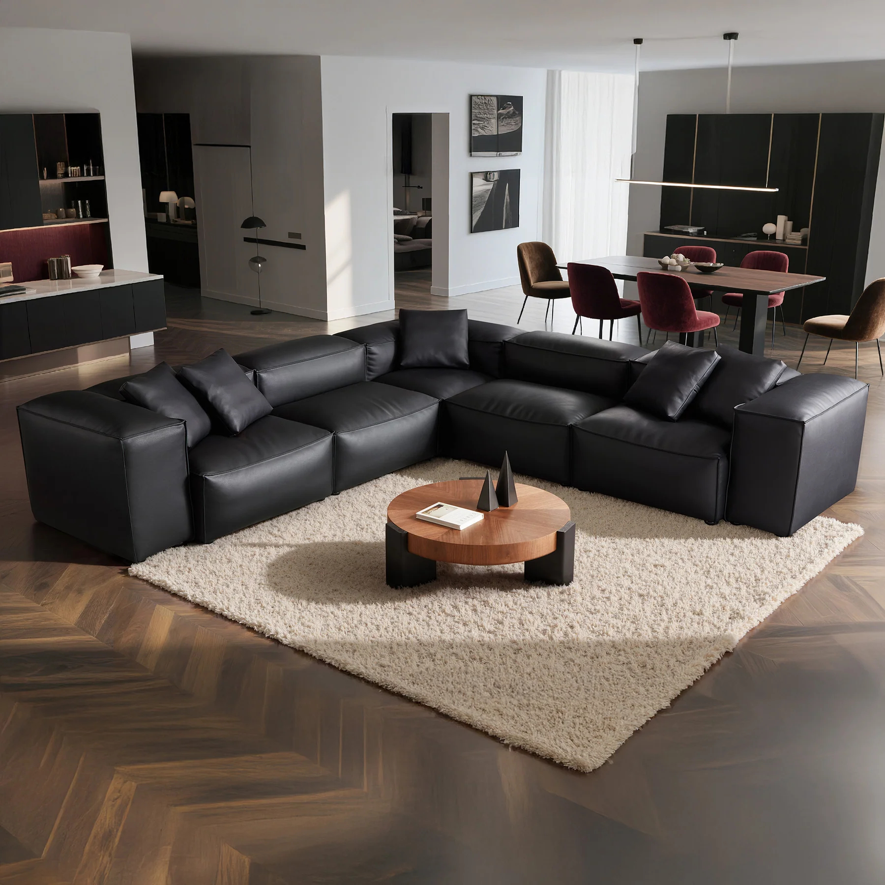 Cube Modular Black Genuine Leather Corner Sectional