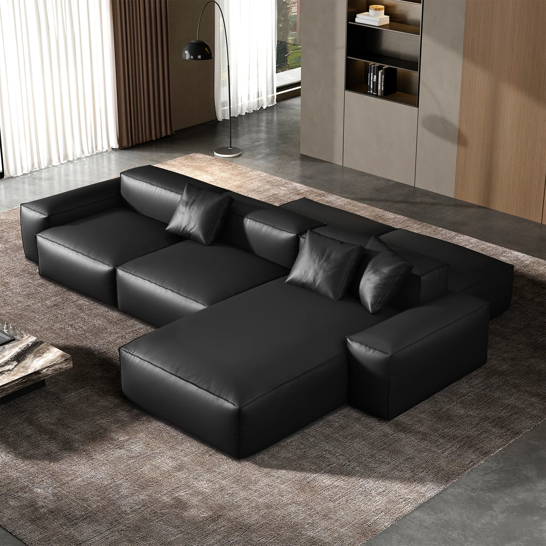 Cube Modular Black Genuine Leather Double-Sided Sectional