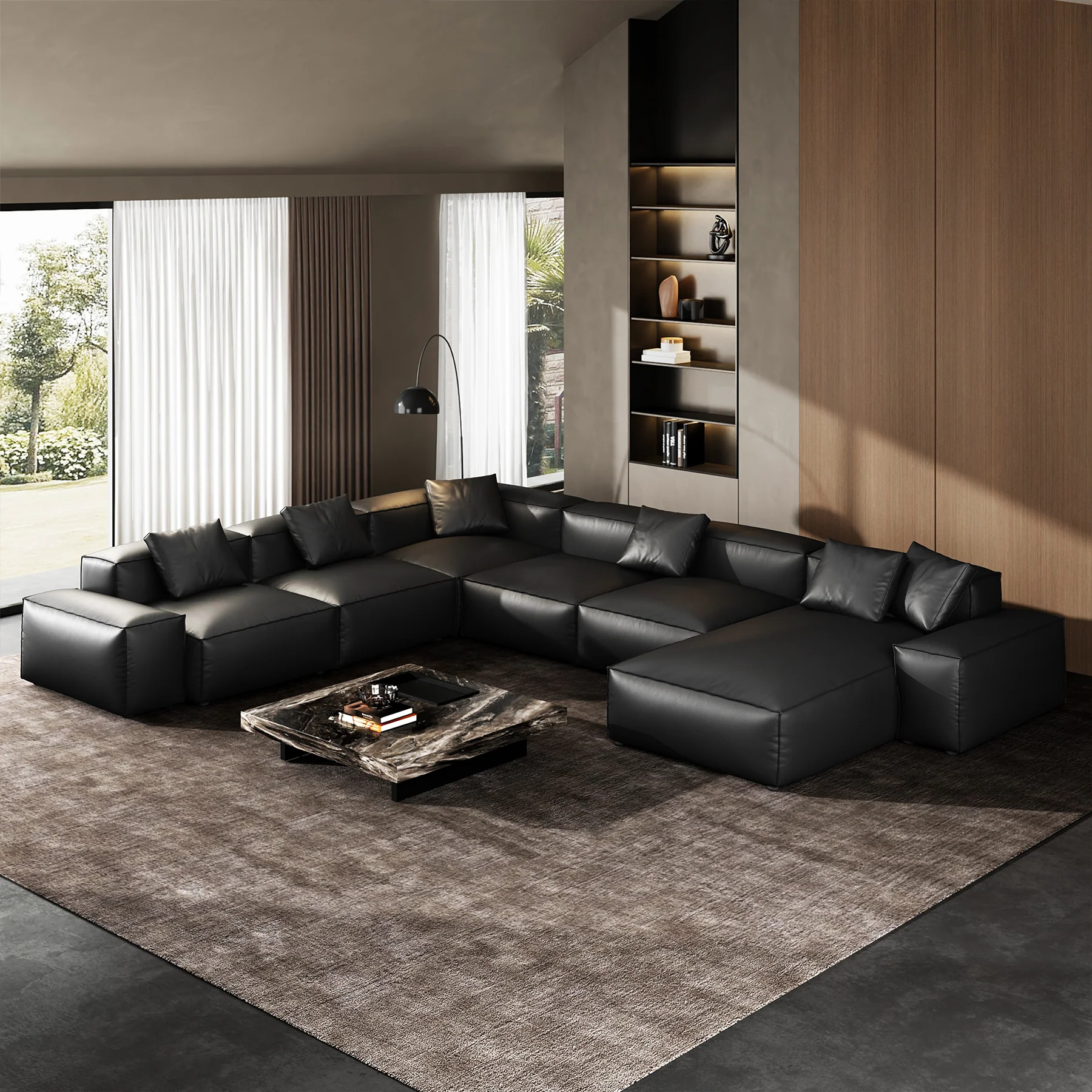 Cube Modular Black Genuine Leather U-Shaped Sectional