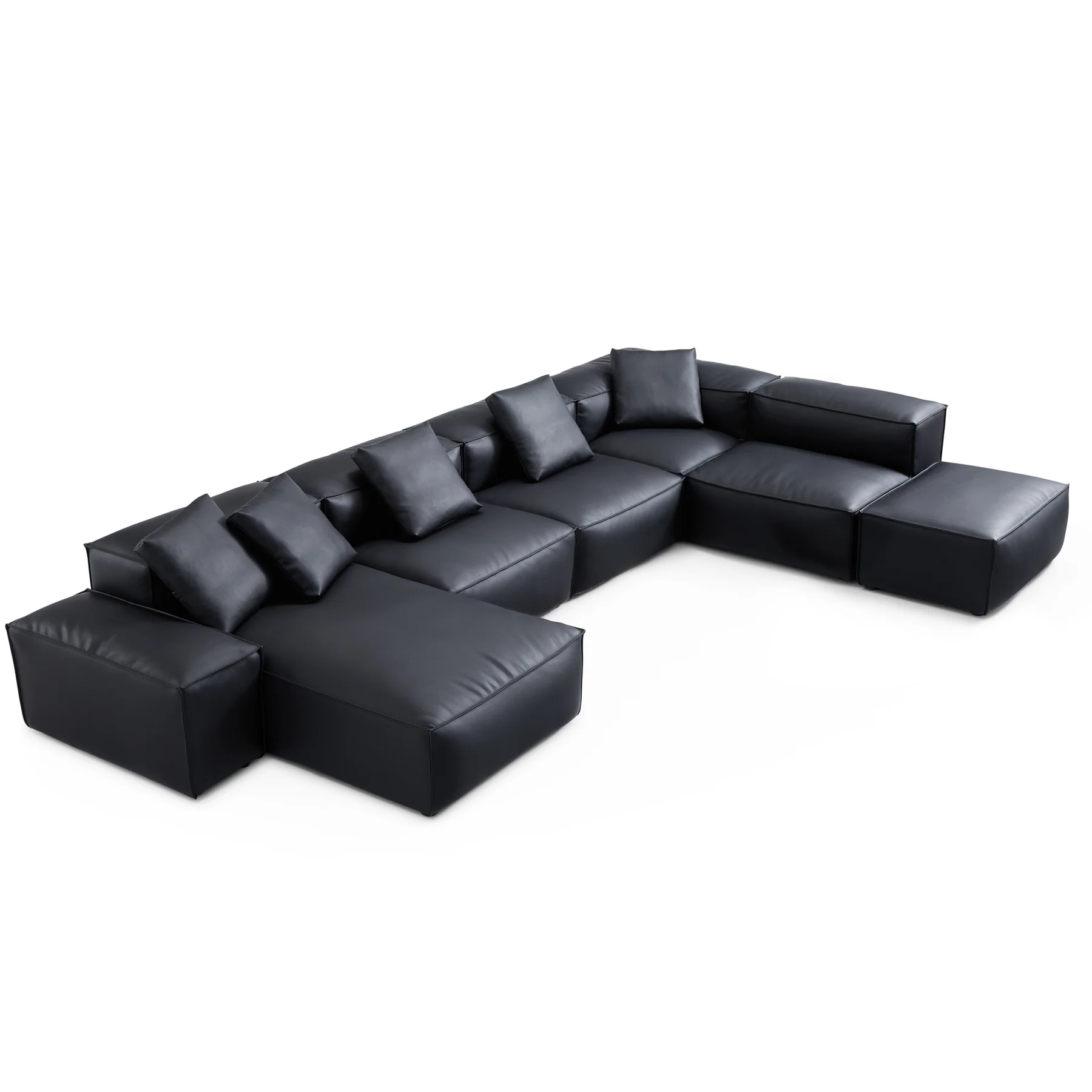 Cube Modular Black Genuine Leather U-Shaped Sectional with Ottoman