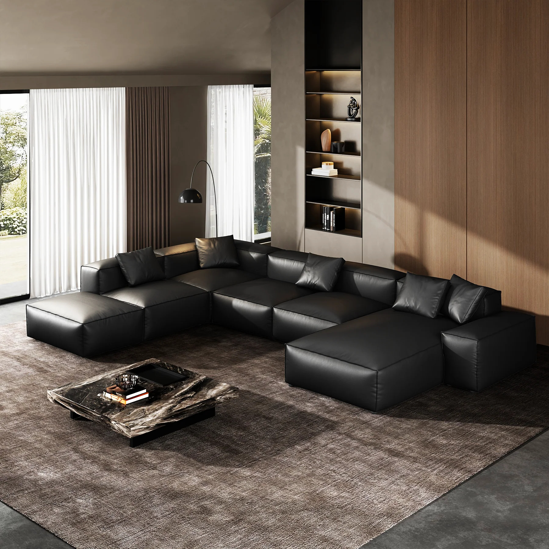 Cube Modular Black Genuine Leather U-Shaped Sectional with Ottoman