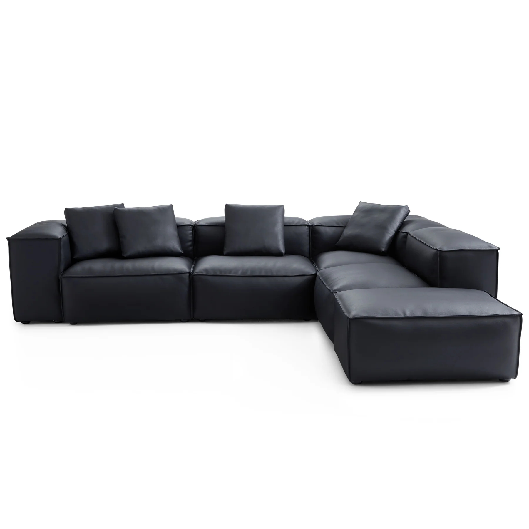 Cube Modular Black Genuine Leather Corner Sectional With Ottoman