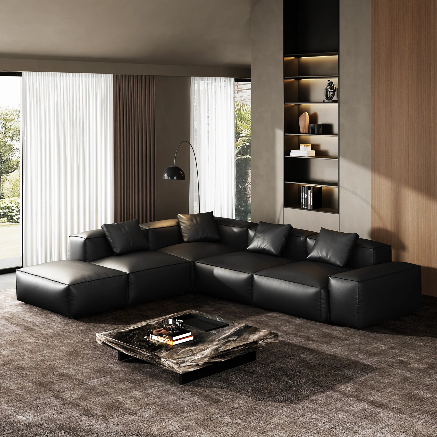 Cube Modular Black Genuine Leather Corner Sectional With Ottoman