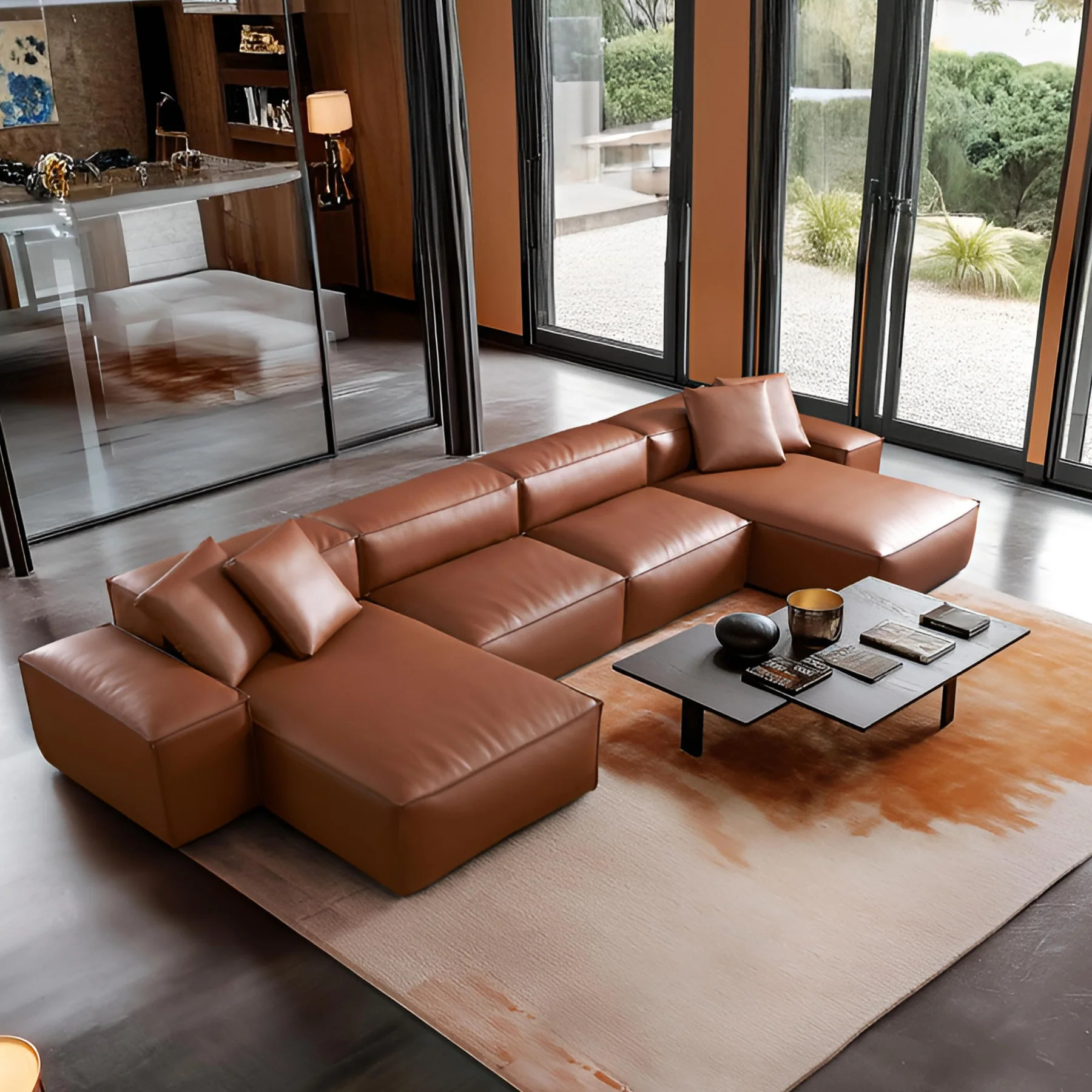 Cube Modular Brown Genuine Leather Double Chaise Sectional