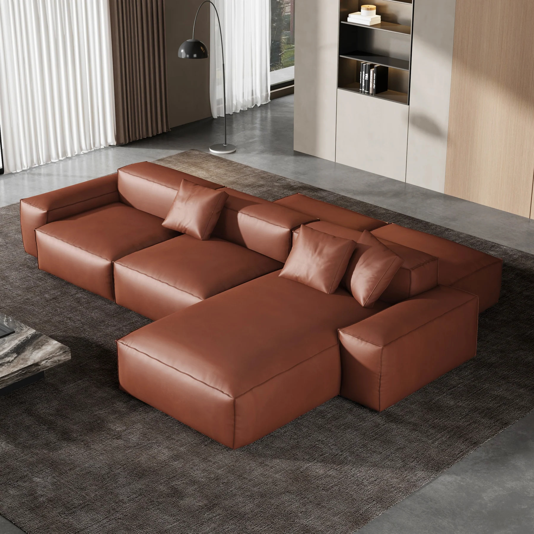 Cube Modular Brown Genuine Leather Double-Sided Sectional