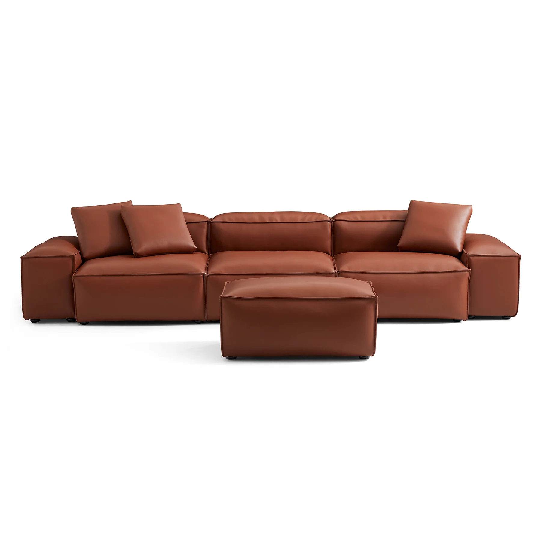 Cube Modular Brown Genuine Leather Sofa with Ottoman