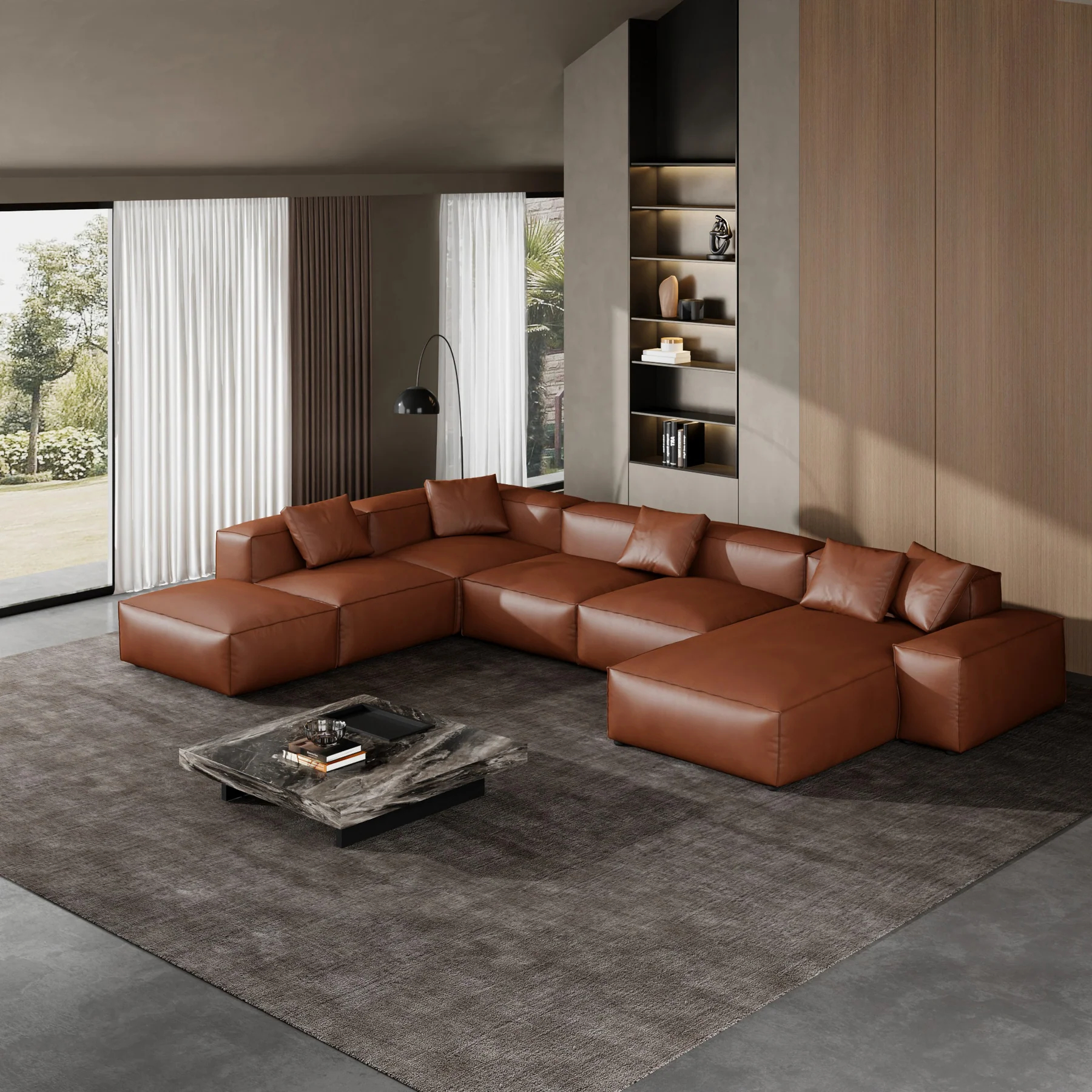 Cube Modular Brown Genuine Leather U-Shaped Sectional with Ottoman