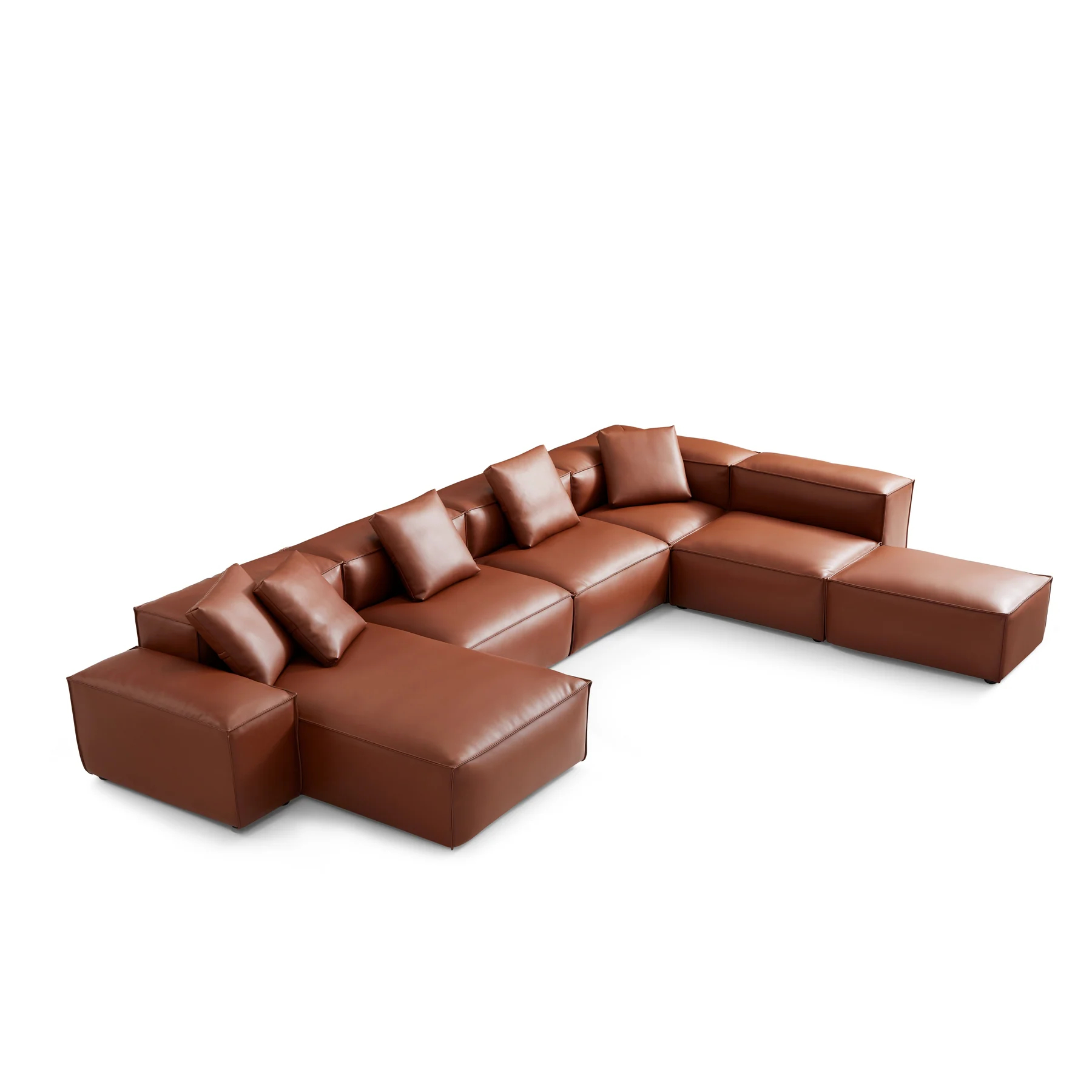 Cube Modular Brown Genuine Leather U-Shaped Sectional with Ottoman