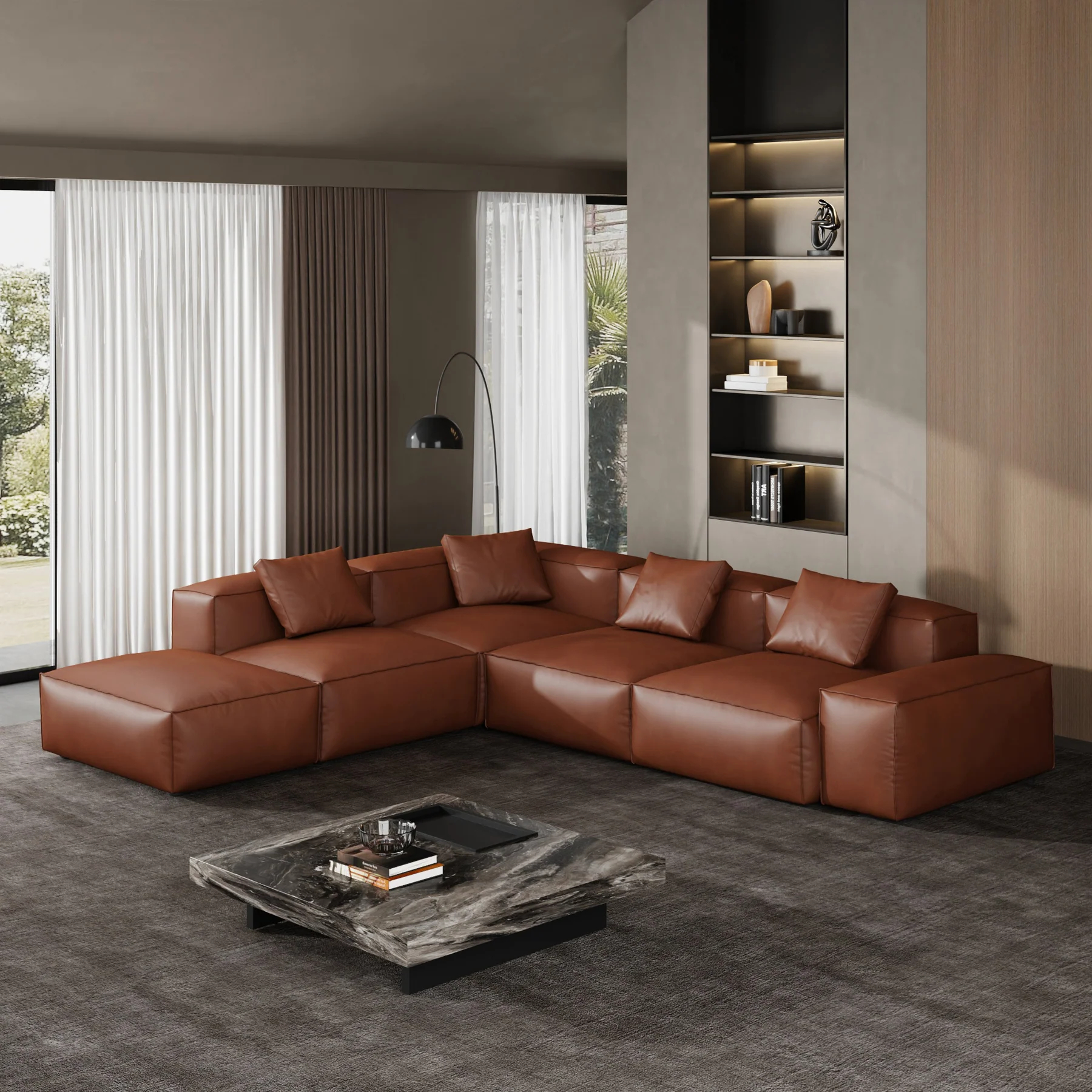 Cube Modular Brown Genuine Leather Corner Sectional With Ottoman