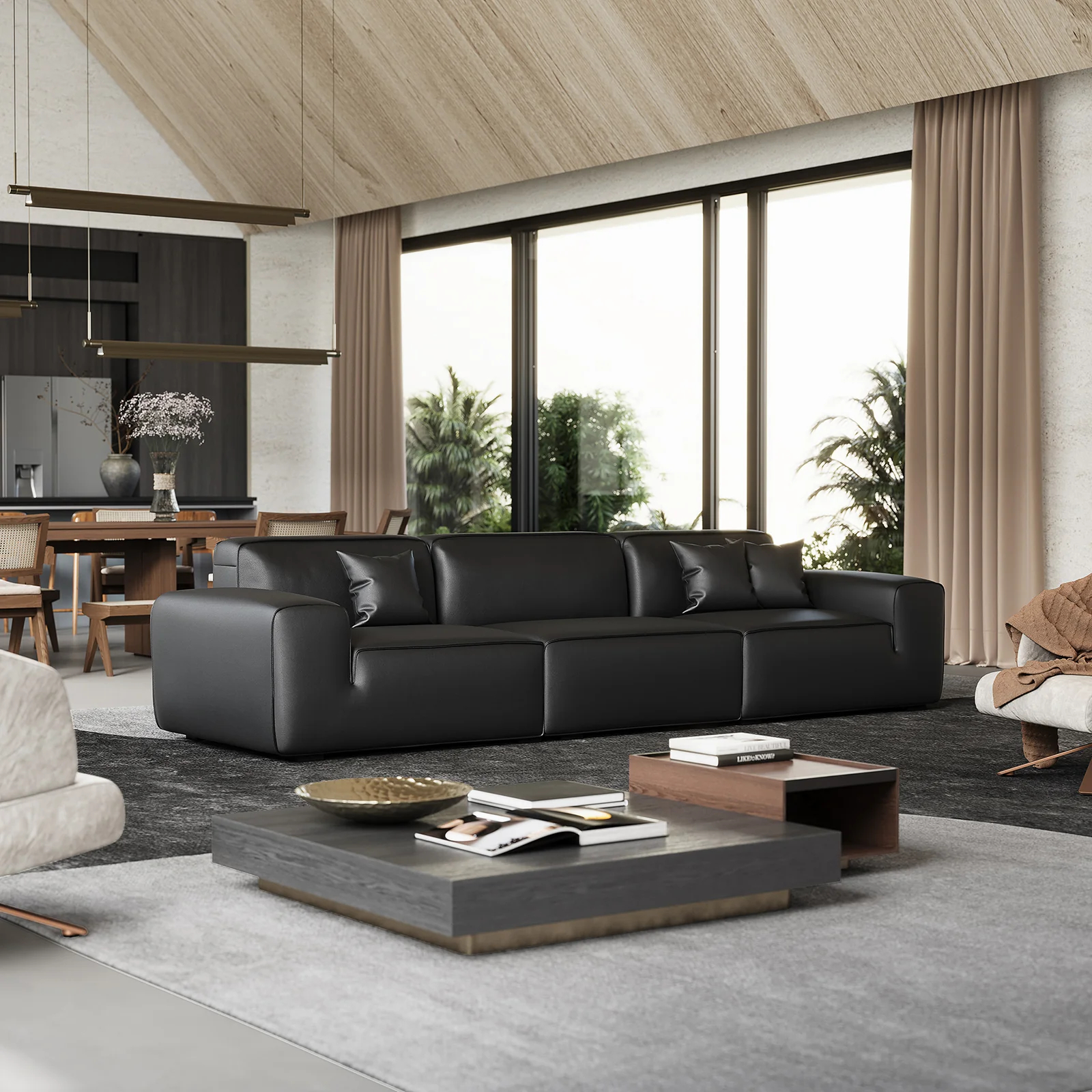Domus Modular Black Leather Sofa