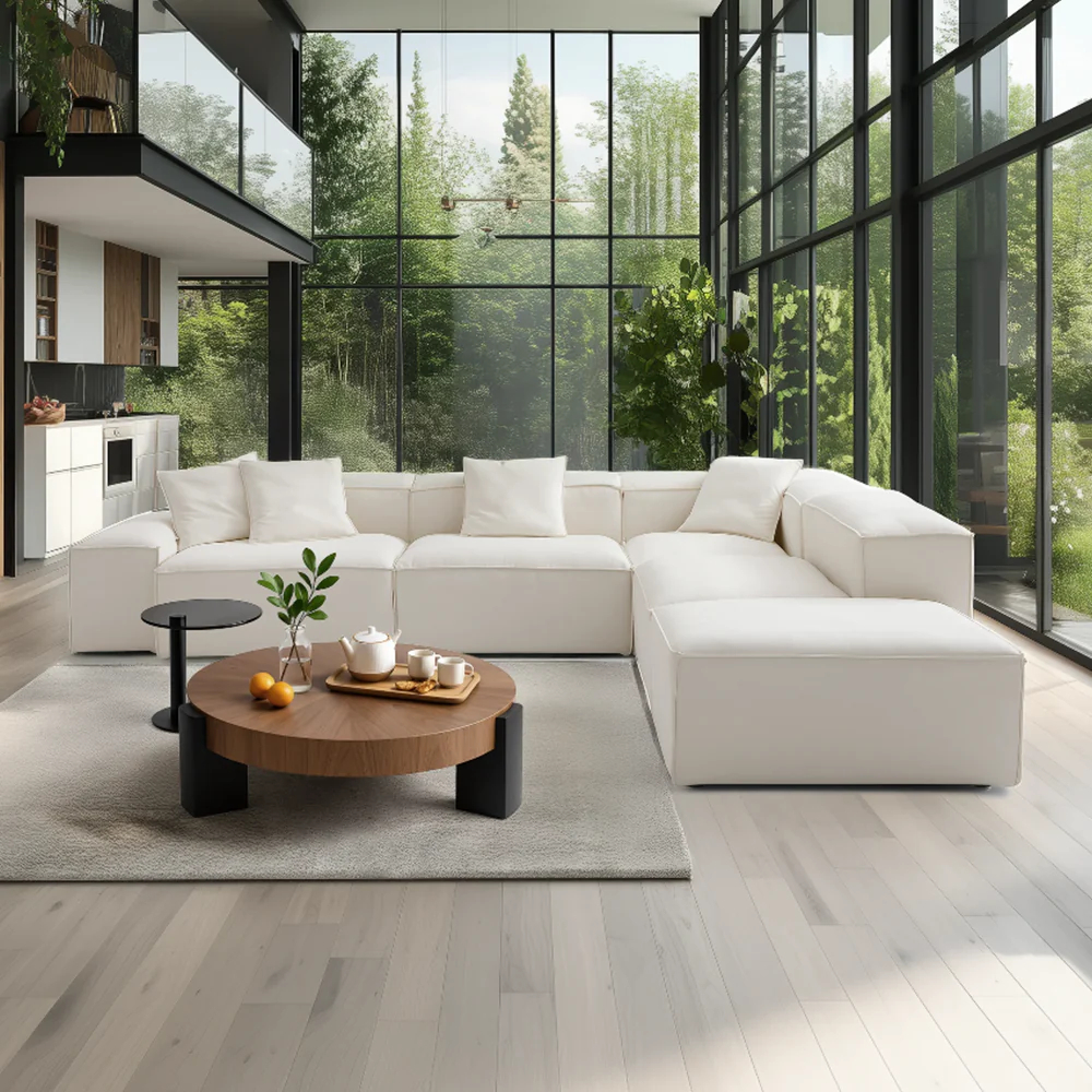 Modular Beige L-Shaped Sectional and Ottoman