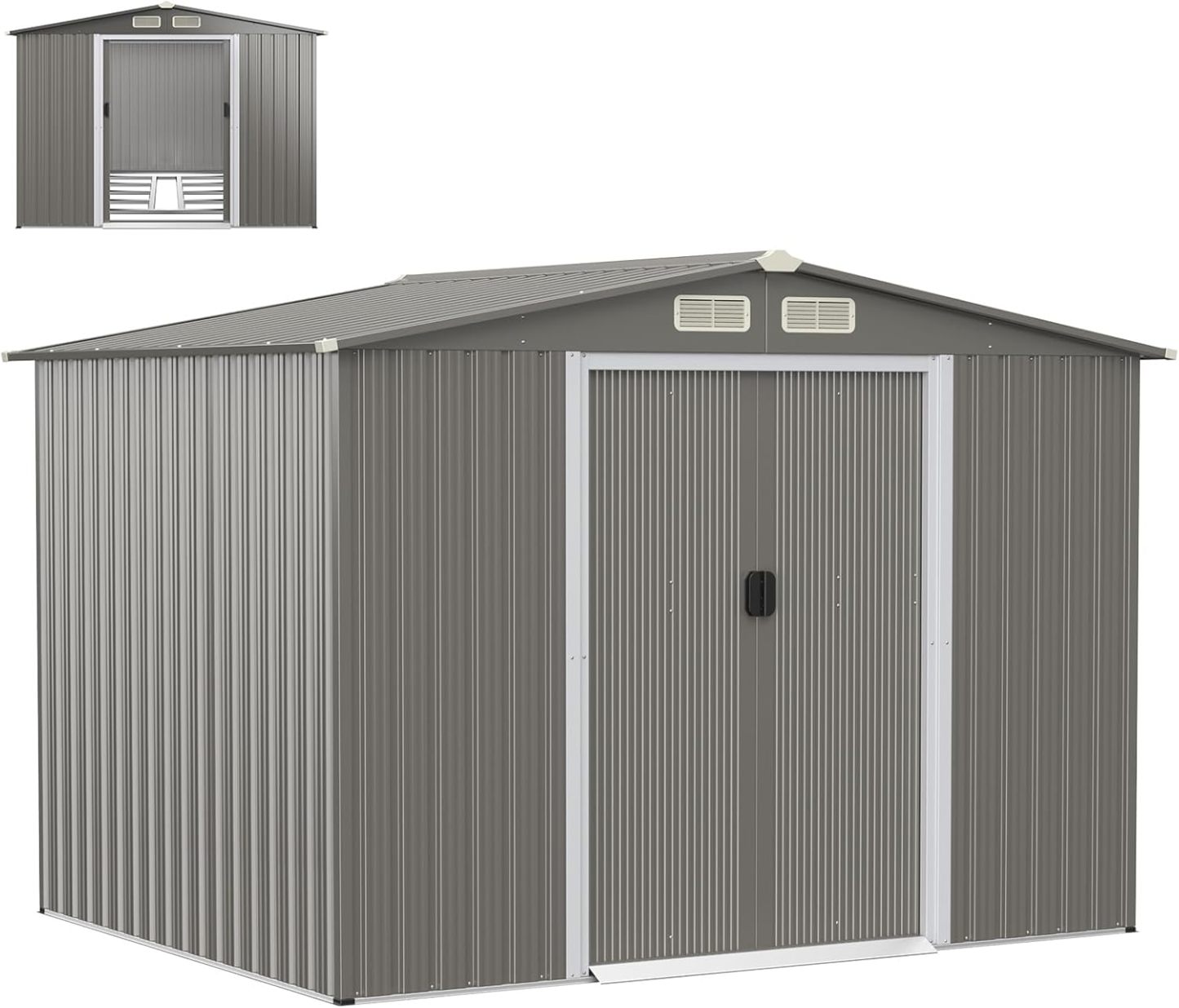 HOMASIS Casetta da Giardino in Metallo, Capannone per Attrezzi con Tetto a 2 Falde e Fondamenta, Capanno con 4 Finestre e 2 Porte Scorrevoli Grigio chiaro, 260 x 207 x 180 cm, 9,7 m3-Warmthure