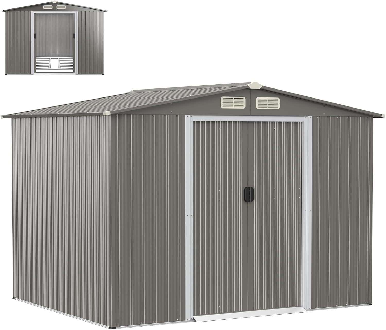 HOMASIS Casetta da Giardino in Metallo, Capannone per Attrezzi con Tetto a 2 Falde e Fondamenta, Capanno con 4 Finestre e 2 Porte Scorrevoli Grigio chiaro, 260 x 207 x 180 cm, 9,7 m3-Warmthure