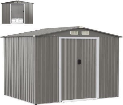 HOMASIS Casetta da Giardino in Metallo, Capannone per Attrezzi con Tetto a 2 Falde e Fondamenta, Capanno con 4 Finestre e 2 Porte Scorrevoli Grigio chiaro, 260 x 207 x 180 cm, 9,7 m3-Warmthure