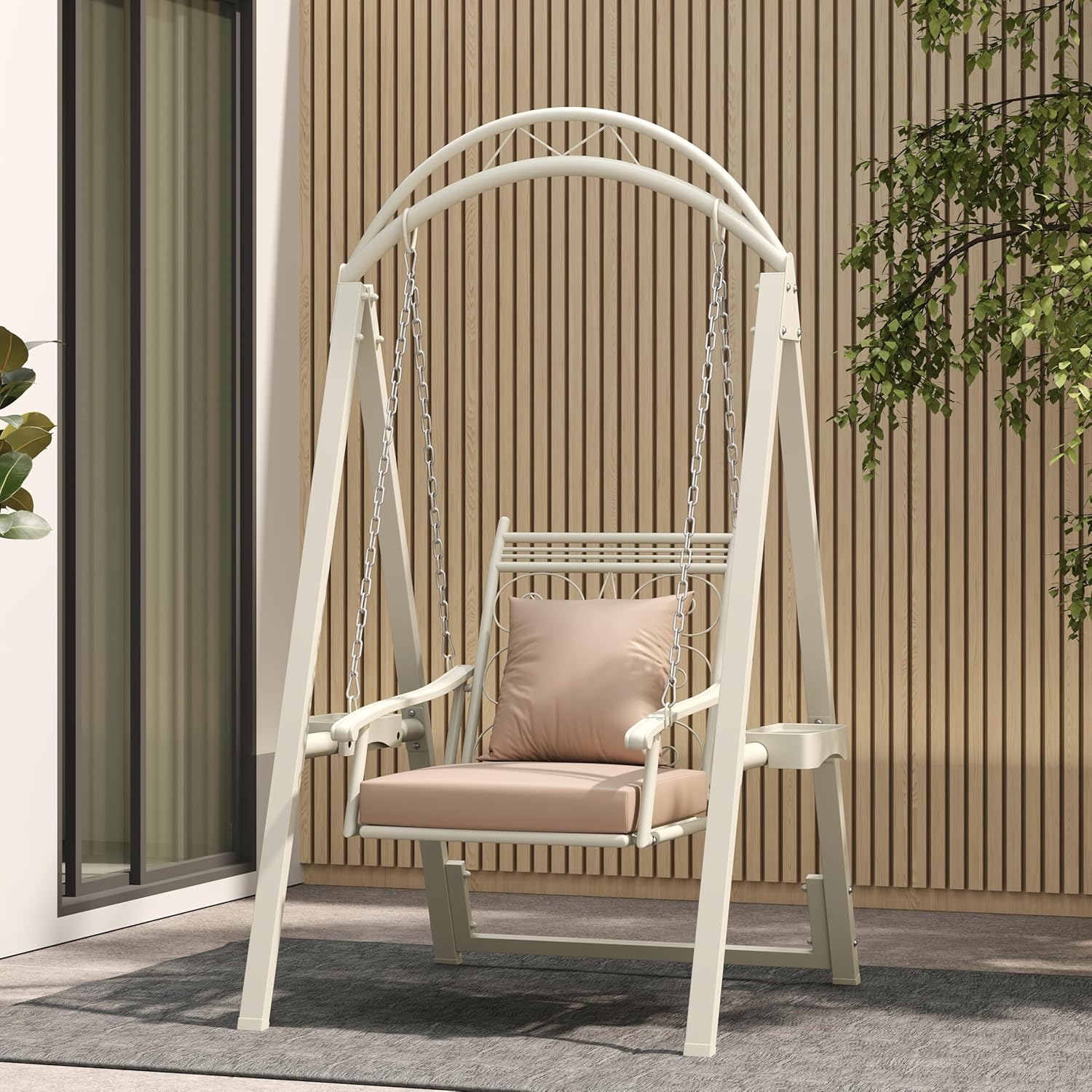 RELAX4LIFE Sedia a Dondolo Singola con Supporto, in Metallo con Cuscini Morbidi, Tavolini con Portabicchieri, Ganci e Catene, da Esterno Interno, per Balcone Giardino BIANCO-Warmthure