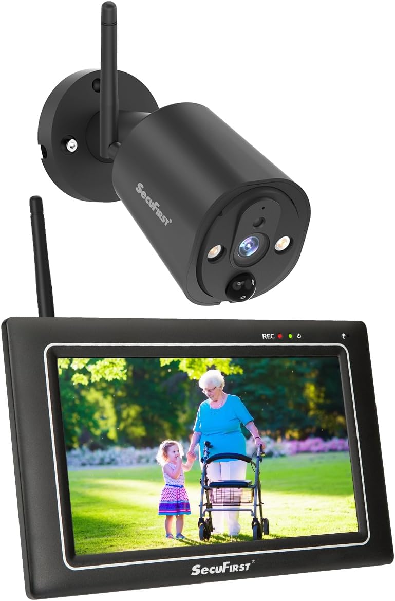 SecuFirst Kit Telecamere Videosorveglianza Esterno,Con monitor Touch Screen da 7 pollici,Lavora senza wifi,2K telecamere senza fili da esterno.64 GB di memoria,Nessun costo di abbonamento.-Warmthure