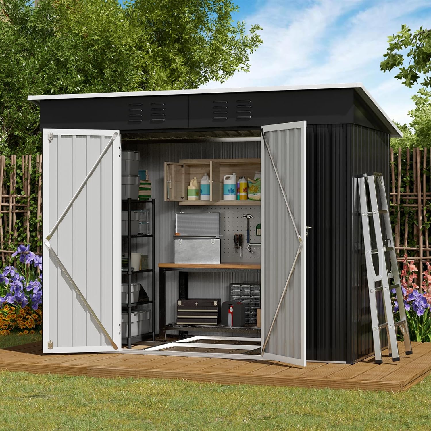 Amopatio Casetta da giardino con tetto spiovente, 228 x 109 x 182 cm, casetta da giardino in metallo con porta, copertura zincata da giardino in metallo con cornice Nero-Warmthure