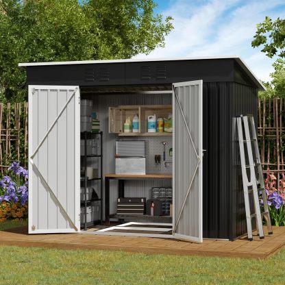 Amopatio Casetta da giardino con tetto spiovente, 228 x 109 x 182 cm, casetta da giardino in metallo con porta, copertura zincata da giardino in metallo con cornice Nero-Warmthure