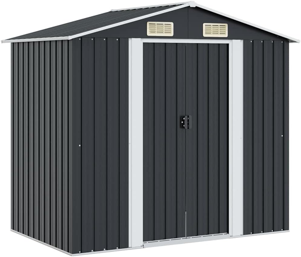 vidaXL Capanno per Attrezzi da Giardino Ventilato Ingresso a Scorrimento Robusto Casetta da Esterno Magazzino Antracite 204x132x186 cm in Acciaio-Warmthure