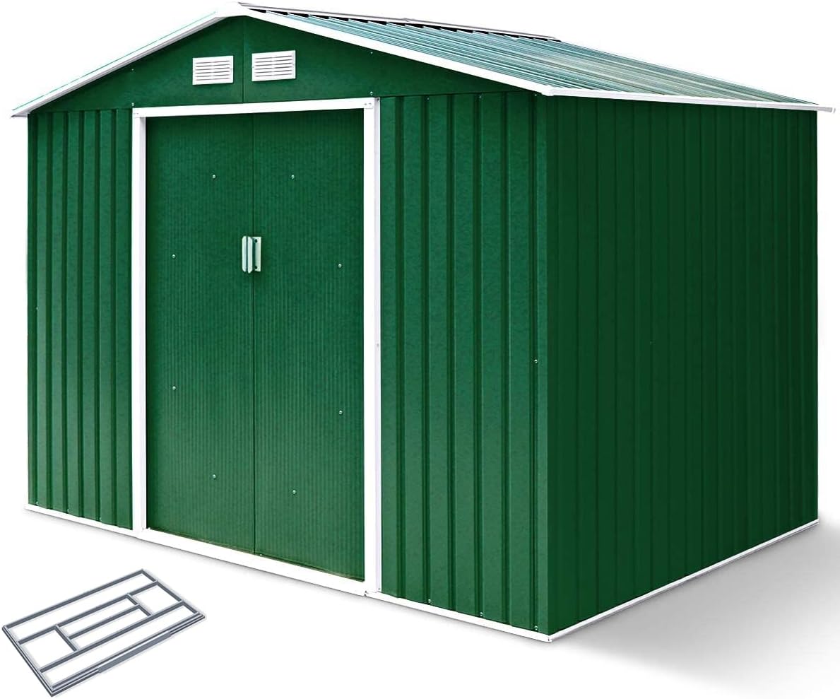 RELAX4LIFE Casetta da Giardino per Attrezzi, 213 x 127 x 185 cmin Lamiera dAcciaio e e Lamiera Zincata con Doppie Porte Scorrevoli, Tetto Inclinato, per Porta Attrezzi, Tosaerba, Verde-Warmthure