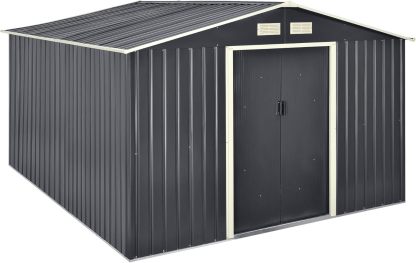 en.casa Casetta da Giardino 277x319x192 cm Box Organizzatore Deposito Stoccaggio in Lamiera Zincata con Cornice di Base in Metallo e Porte Scorrevoli - Grigio Scuro-Warmthure